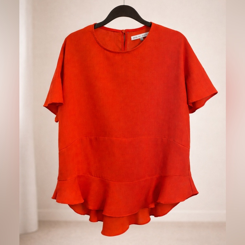 English Factory Red Peplum Blouse Top | Short Sleeve Keyhole Back | Size M